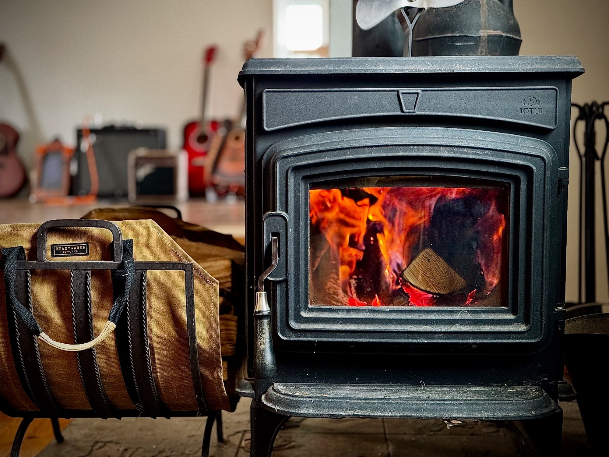 Woodstove with fire inside
